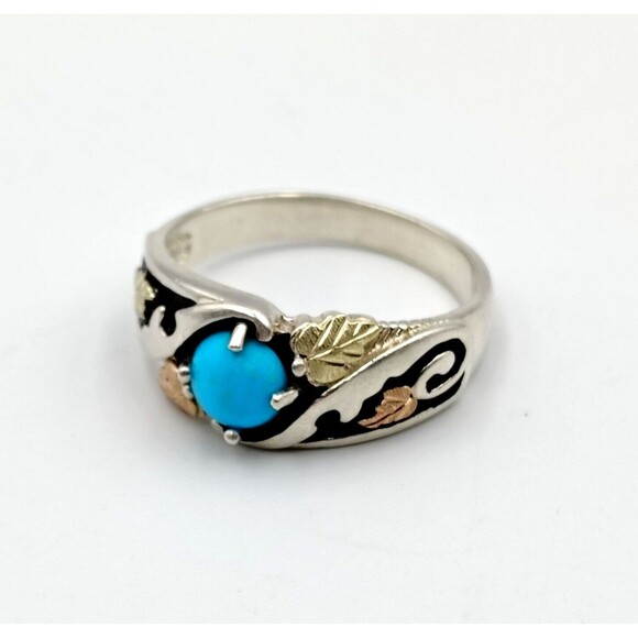Black Hills Sterling Silver 925 12k Gold Turquoise Leaf Design Ring Sz 9.25